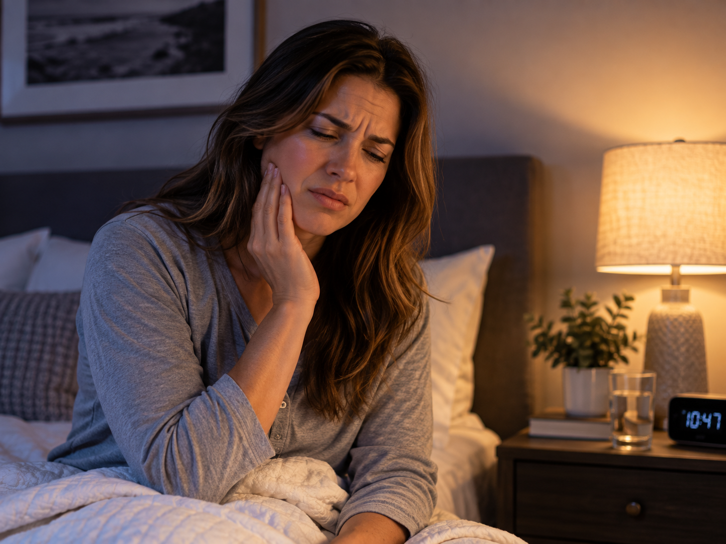 Person with a toothache at night holding their jaw before finding toothache relief in Decatur TX